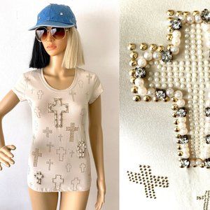 Fitted Top + Faux Pearls Rhinestones | Cross Shirt | Embellished Top | Y2K Top